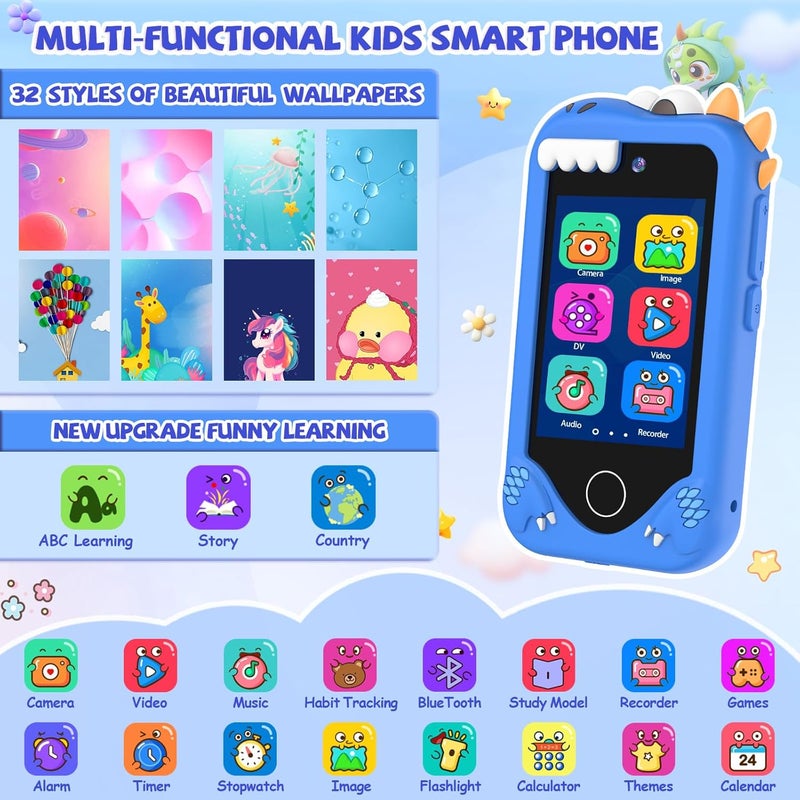 Yosfeng Kids Smart Phone for Girls Gifts - Toddler Christmas Birthday Gift for Age 3 4 5 6 Year Old, Kids Cell Phone Toy with Touchscreen, Dual Cameras, Learning, Kid Mp3 Player, Games with 32 GB Card - Image 2